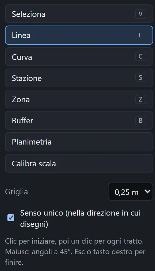 Il pannello degli strumenti: Seleziona, Linea, Curva, Stazione, Zona, Buffer, Planimetria e Calibra scala, con la griglia, la casella Senso unico e il suggerimento dello strumento Linea