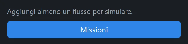 Il messaggio Aggiungi almeno un flusso per simulare, con il pulsante Missioni, in cima al pannello di destra della pagina Simulazione