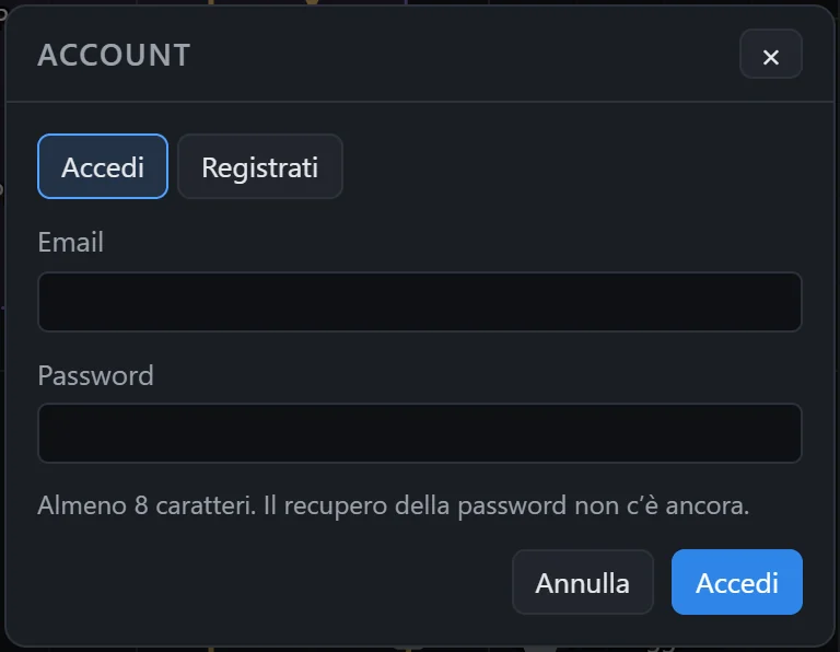 La finestra Account con le schede Accedi e Registrati, i campi Email e Password e i pulsanti Annulla e Accedi