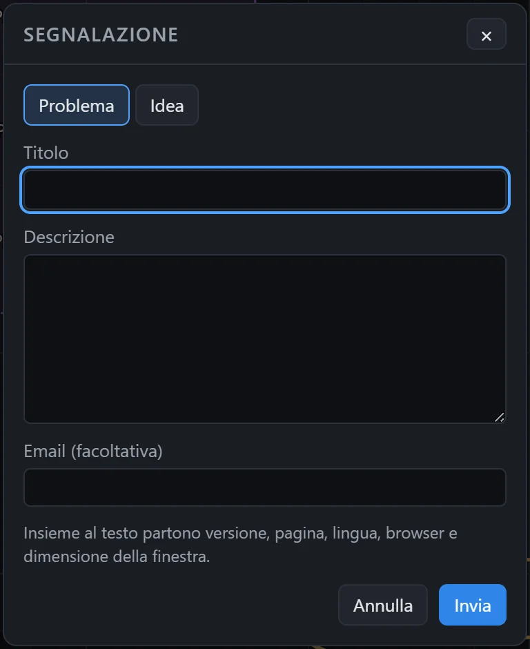 La finestra Segnalazione con le schede Problema e Idea, i campi Titolo, Descrizione ed Email (facoltativa) e i pulsanti Annulla e Invia