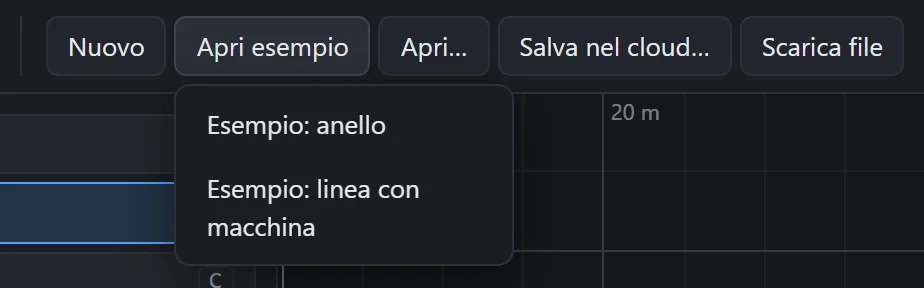 Il menù Apri esempio aperto, con le voci Esempio: anello ed Esempio: linea con macchina