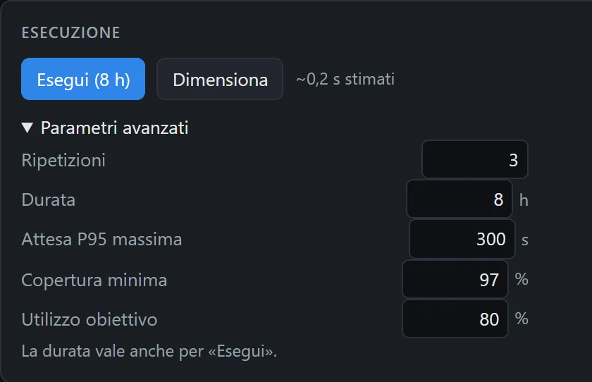 Il riquadro Esecuzione con i pulsanti Esegui (8 h) e Dimensiona, la stima del tempo e i parametri avanzati aperti