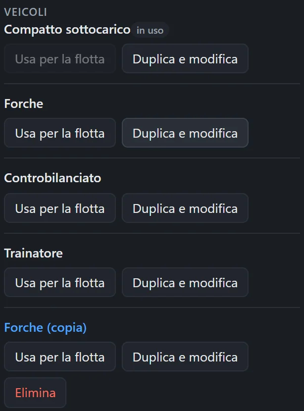 L’elenco dei tipi dopo Duplica e modifica: in fondo Forche (copia), selezionato, con i pulsanti Usa per la flotta, Duplica e modifica ed Elimina