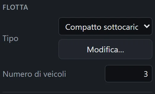 La sezione Flotta della pagina Simulazione: tipo Compatto sottocarico, pulsante Modifica… e numero di veicoli 3