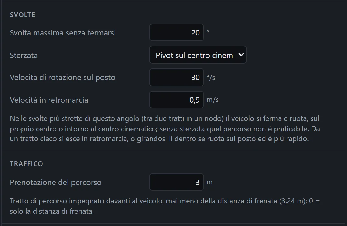 Le sezioni Svolte e Traffico: svolta massima senza fermarsi 20°, sterzata Pivot sul centro cinematico, velocità di rotazione sul posto, velocità in retromarcia e prenotazione del percorso 3 m